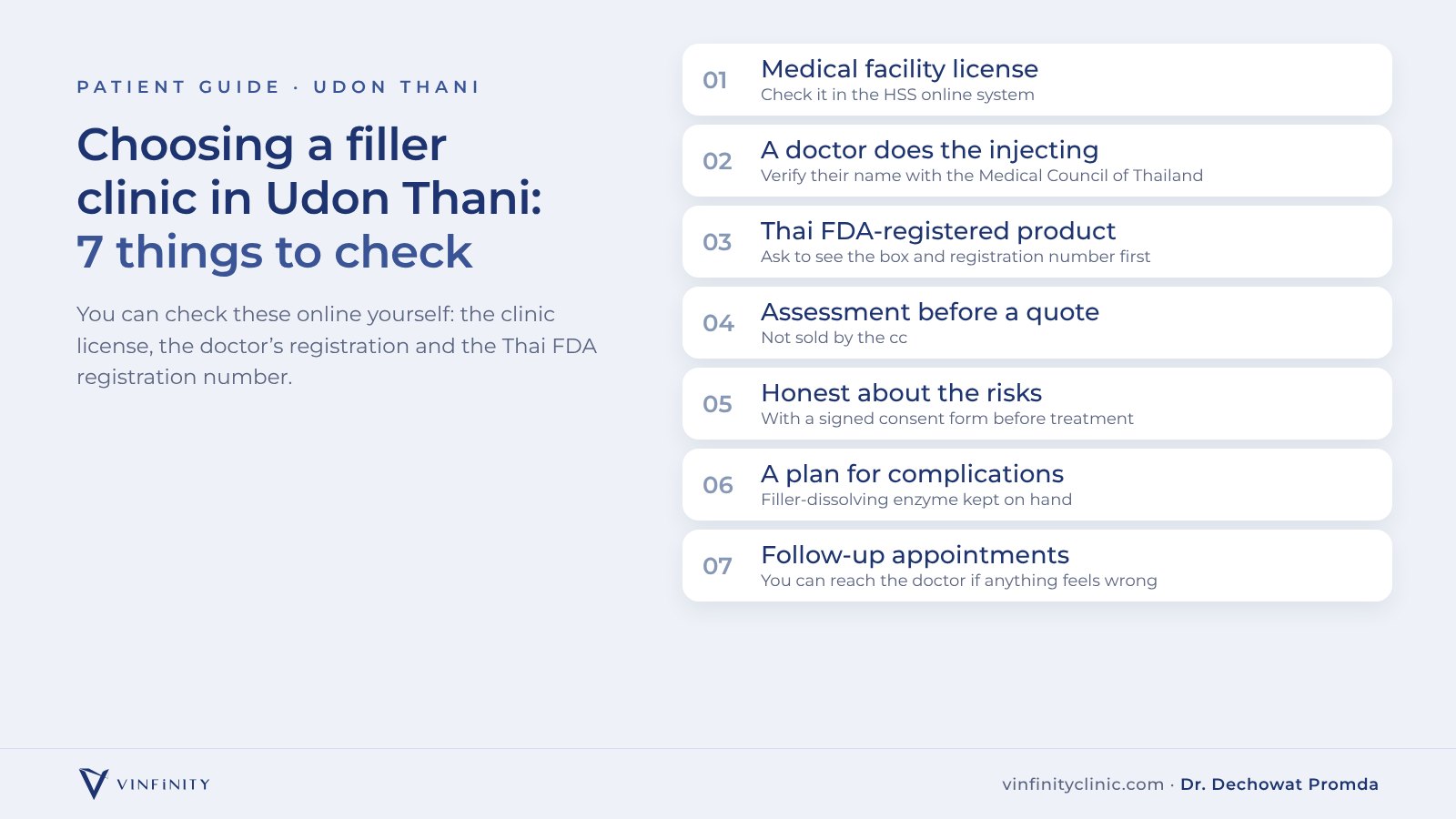 7-point checklist for choosing a filler clinic in Udon Thani: license, doctor, Thai FDA registration and assessment