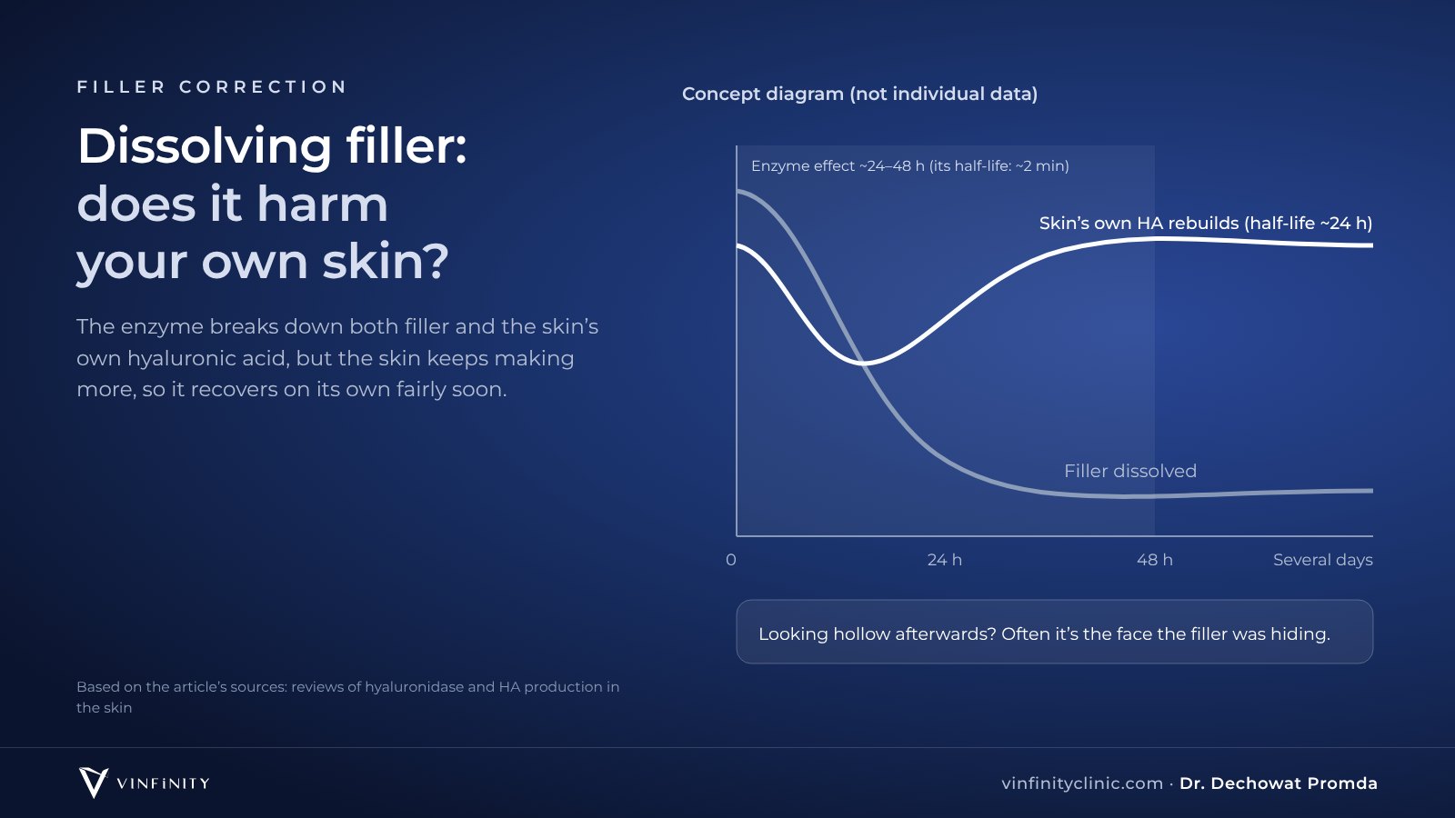 Diagram of filler being dissolved by hyaluronidase, and the skin's own hyaluronic acid being replenished within about 24 hours